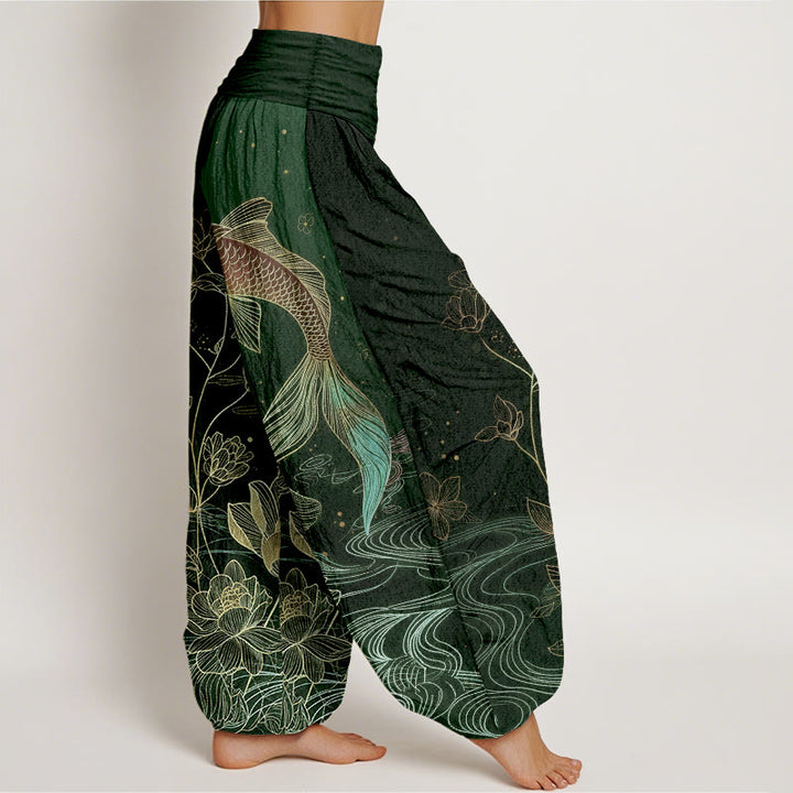 Buddha Stones Pantalon harem en pur coton à taille élastique, motif carpe koi et lotus - image 7