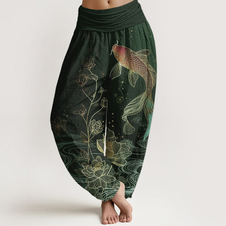 Buddha Stones Pantalon harem en pur coton à taille élastique, motif carpe koi et lotus - Vert foncé - US16，UK/AU20，EU48 (3XL) - image 5