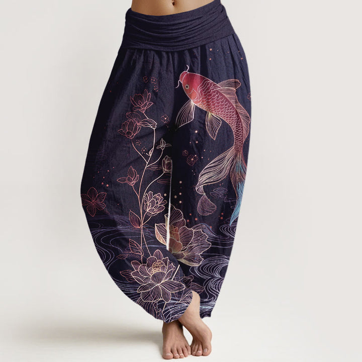 Buddha Stones Pantalon harem en pur coton à taille élastique, motif carpe koi et lotus - Indigo - US16，UK/AU20，EU48 (3XL) - image 8