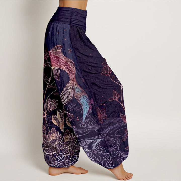 Buddha Stones Pantalon harem en pur coton à taille élastique, motif carpe koi et lotus - image 10