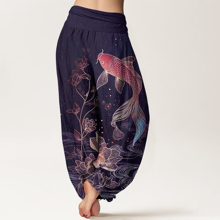 Buddha Stones Pantalon harem en pur coton à taille élastique, motif carpe koi et lotus - image 9
