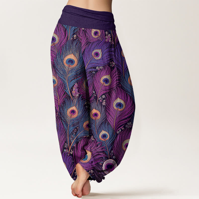 Buddha Stones Pantalon harem pour femme en pur coton à motif plumes de paon et taille élastique - image 1