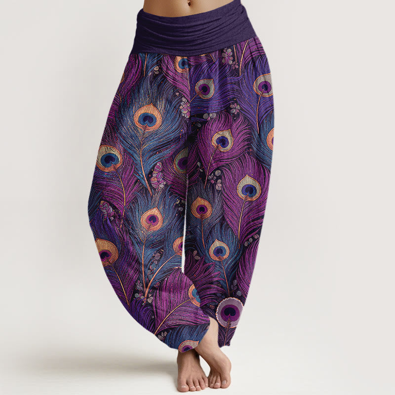 Buddha Stones Pantalon harem pour femme en pur coton à motif plumes de paon et taille élastique - DarkOrchid - US16，UK/AU20，EU48 (3XL) - image 0