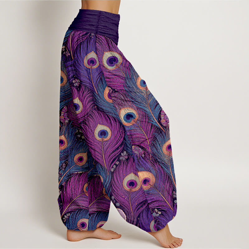 Buddha Stones Pantalon harem pour femme en pur coton à motif plumes de paon et taille élastique - image 2