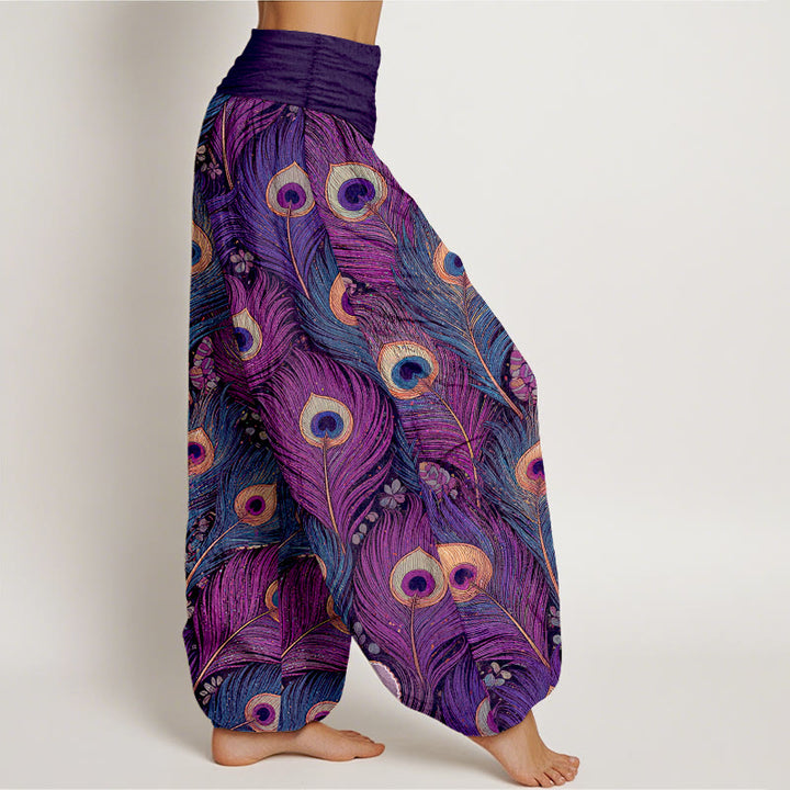 Buddha Stones Pantalon harem pour femme en pur coton à motif plumes de paon et taille élastique - image 2