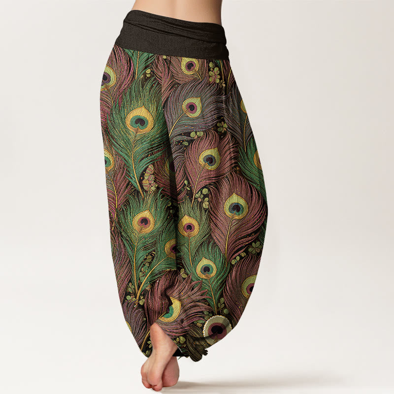 Buddha Stones Pantalon harem pour femme en pur coton à motif plumes de paon et taille élastique - image 6
