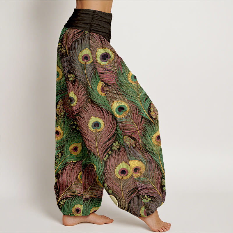 Buddha Stones Pantalon harem pour femme en pur coton à motif plumes de paon et taille élastique - image 7