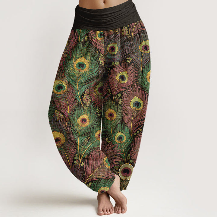 Buddha Stones Pantalon harem pour femme en pur coton à motif plumes de paon et taille élastique - Vert olive foncé - US16，UK/AU20，EU48 (3XL) - image 5