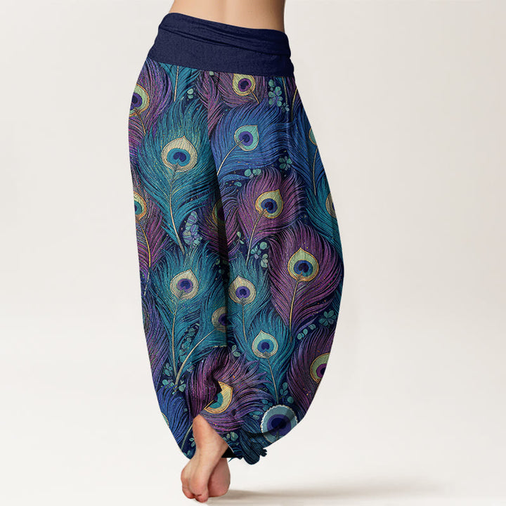 Buddha Stones Pantalon harem pour femme en pur coton à motif plumes de paon et taille élastique - image 9