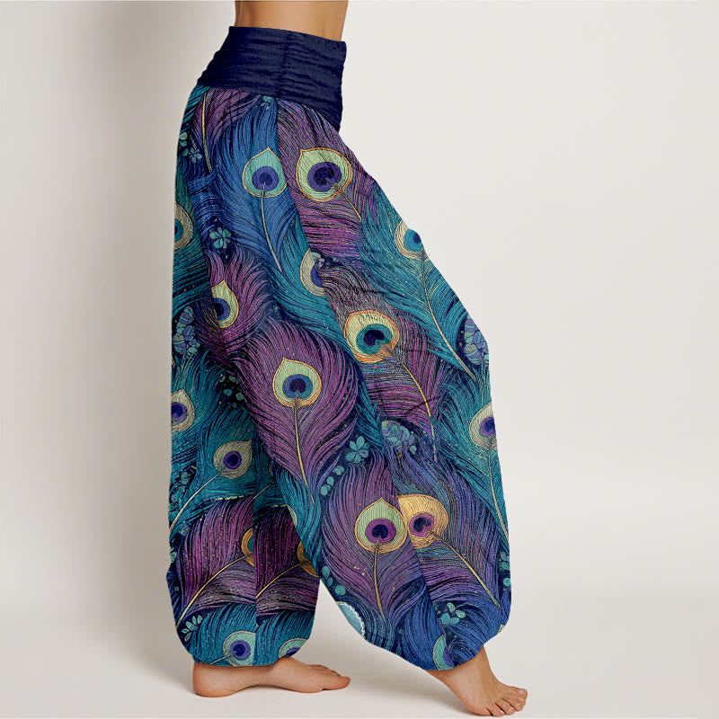 Buddha Stones Pantalon harem pour femme en pur coton à motif plumes de paon et taille élastique - image 10