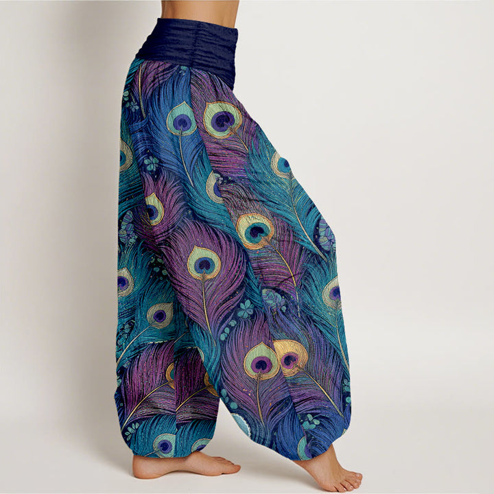 Buddha Stones Pantalon harem pour femme en pur coton à motif plumes de paon et taille élastique - image 10