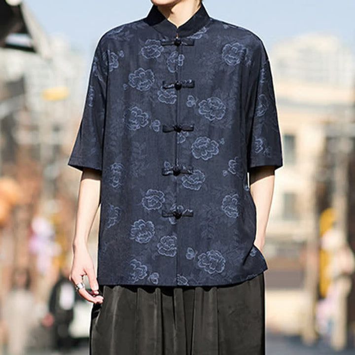 Buddha Stones Chemise homme à manches courtes, col mandarin, boutons grenouille rétro, jacquard floral - image 11