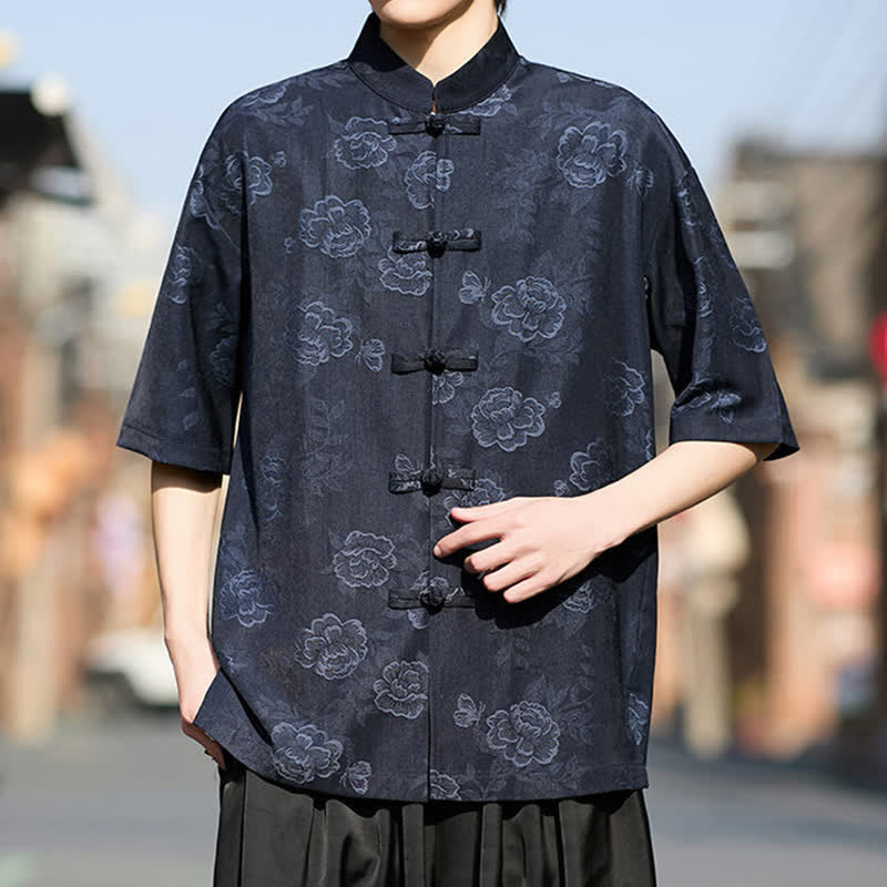 Buddha Stones Chemise homme à manches courtes, col mandarin, boutons grenouille rétro, jacquard floral - image 12