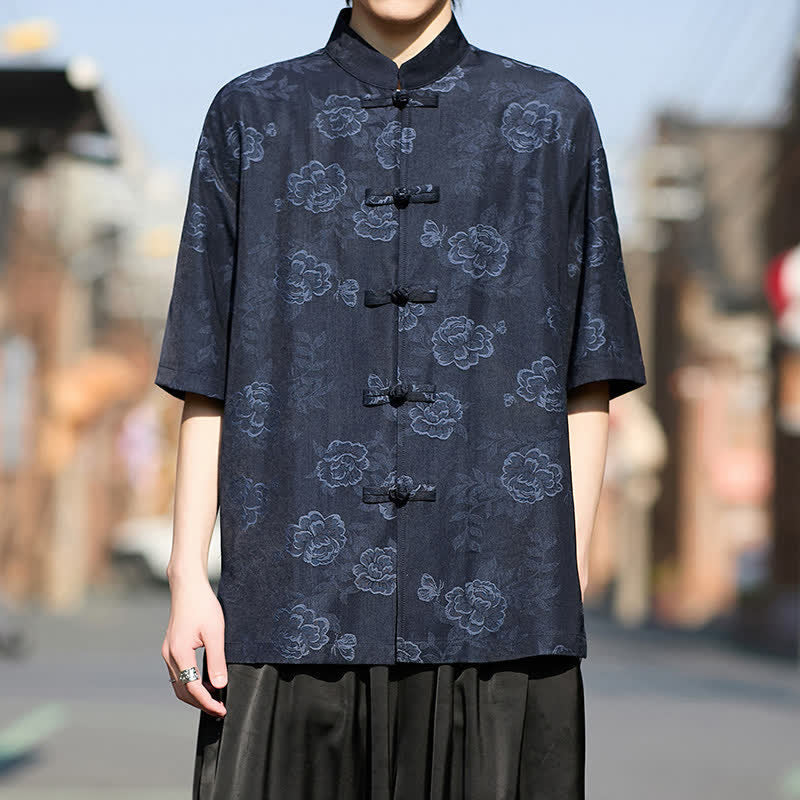 Buddha Stones Chemise homme à manches courtes, col mandarin, boutons grenouille rétro, jacquard floral - Bleu nuit - US/UK/AU46，EU56 (5XL) - image 10