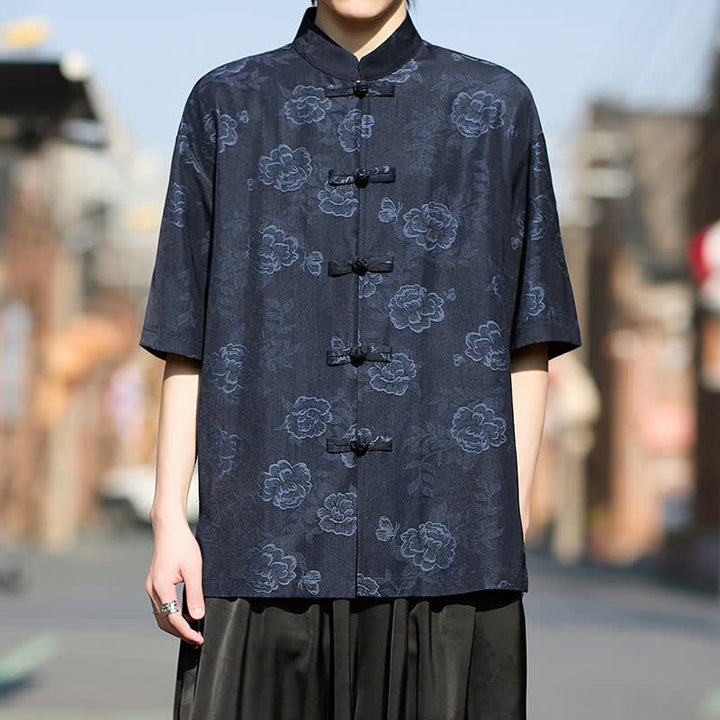 Buddha Stones Chemise homme à manches courtes, col mandarin, boutons grenouille rétro, jacquard floral - Bleu nuit - US/UK/AU46，EU56 (5XL) - image 10