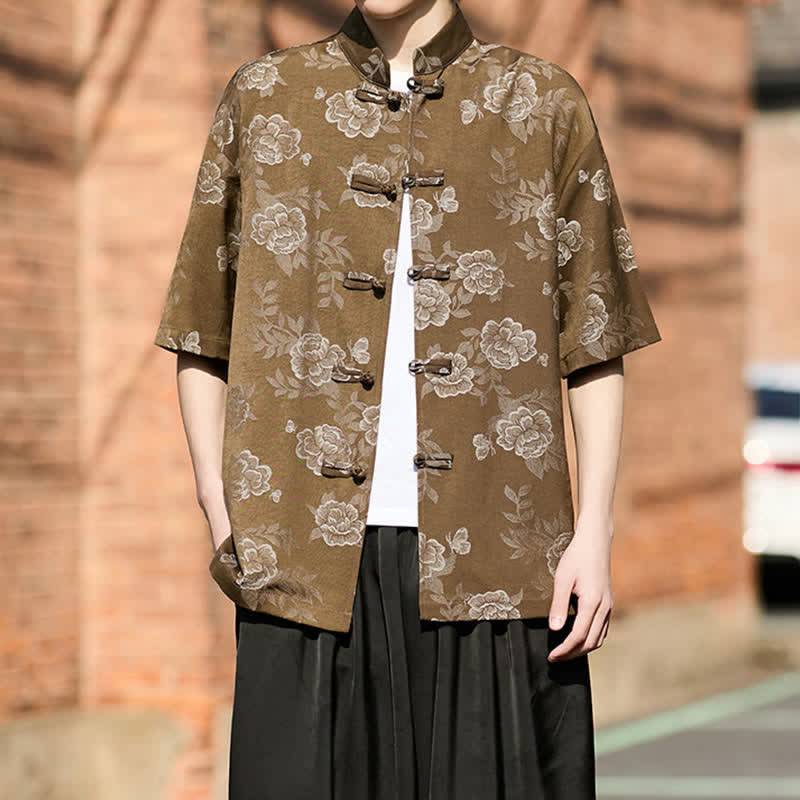 Buddha Stones Chemise homme à manches courtes, col mandarin, boutons grenouille rétro, jacquard floral - Pérou - US/UK/AU46，EU56 (5XL) - image 0