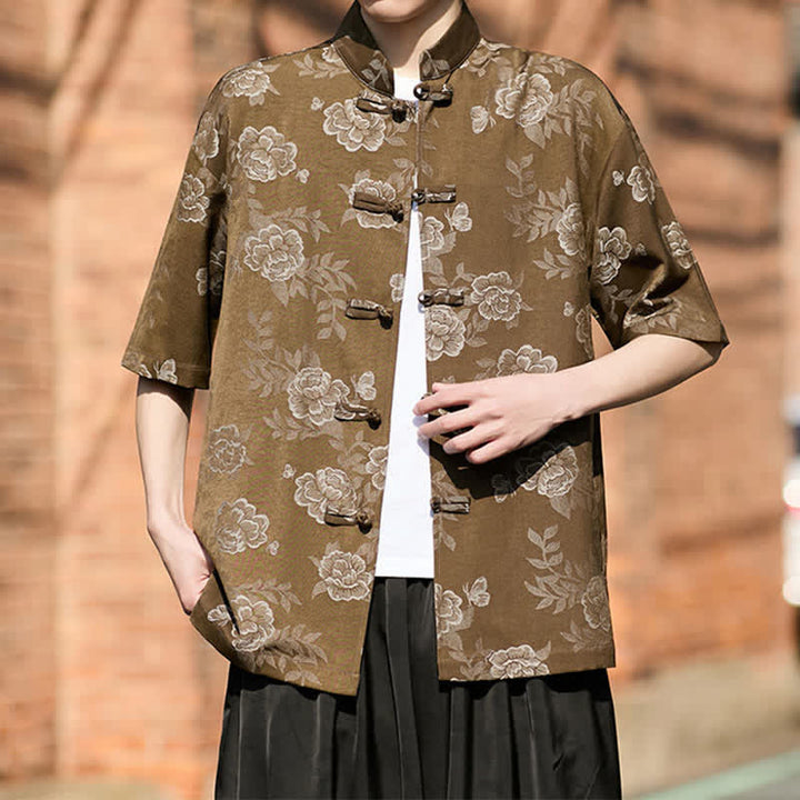 Buddha Stones Chemise homme à manches courtes, col mandarin, boutons grenouille rétro, jacquard floral - image 7