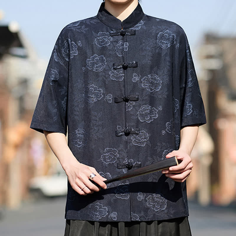 Buddha Stones Chemise homme à manches courtes, col mandarin, boutons grenouille rétro, jacquard floral - image 14
