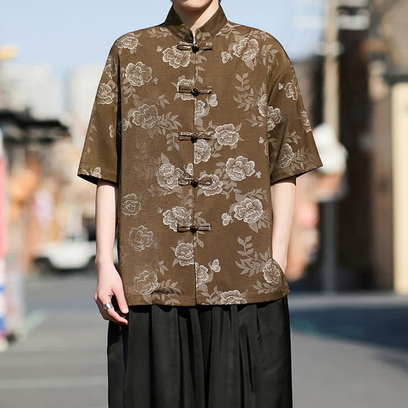 Buddha Stones Chemise homme à manches courtes, col mandarin, boutons grenouille rétro, jacquard floral - image 1