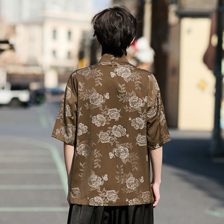 Buddha Stones Chemise homme à manches courtes, col mandarin, boutons grenouille rétro, jacquard floral - image 6