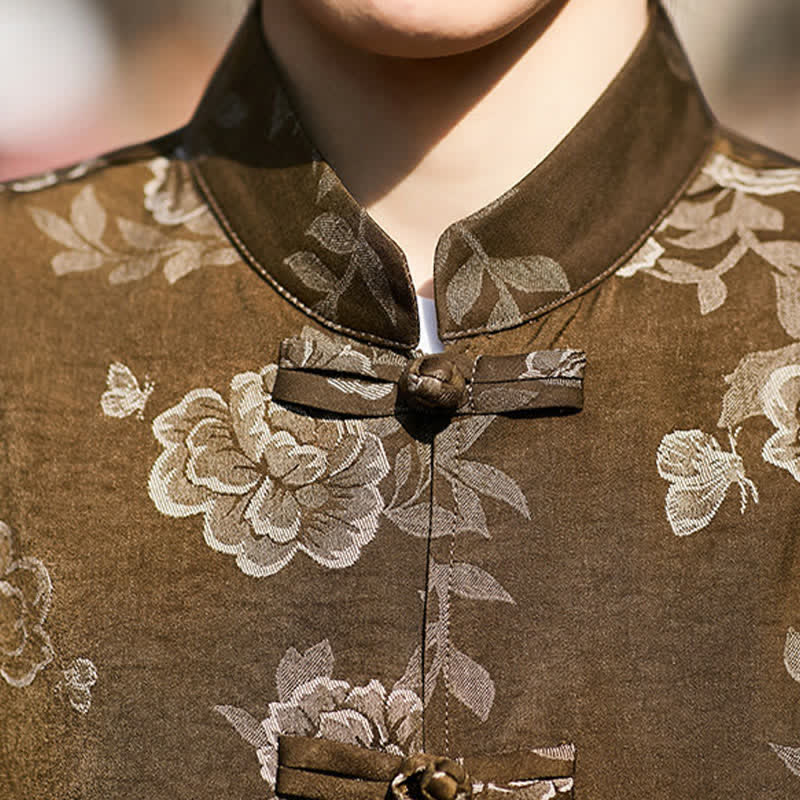 Buddha Stones Chemise homme à manches courtes, col mandarin, boutons grenouille rétro, jacquard floral - image 8