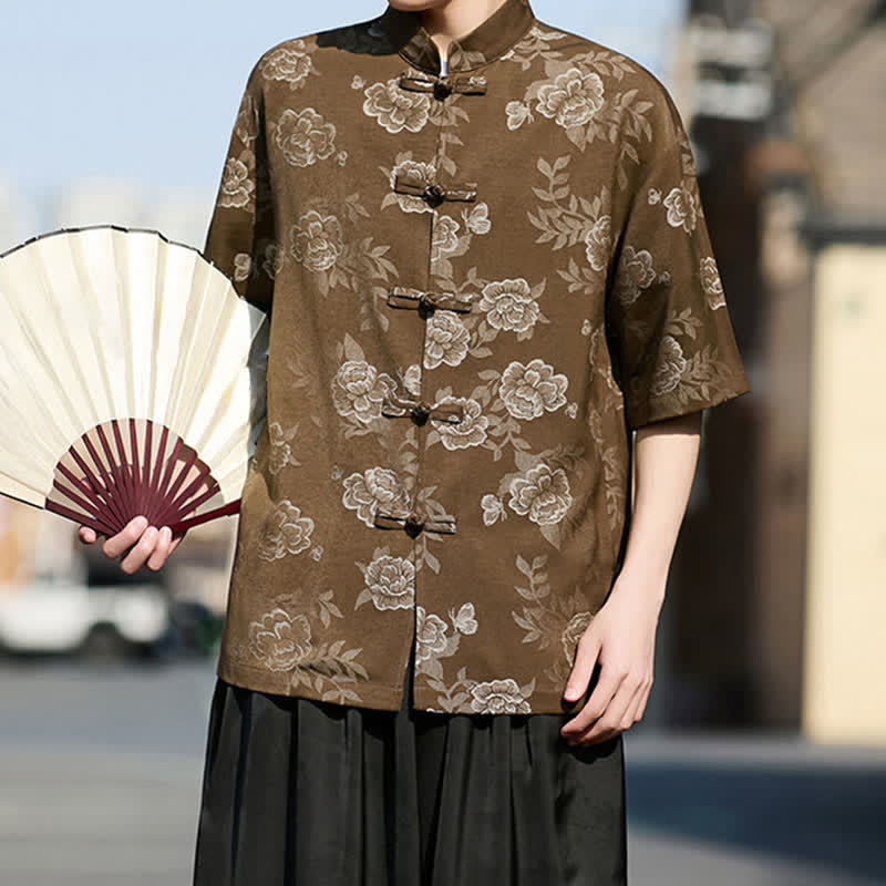 Buddha Stones Chemise homme à manches courtes, col mandarin, boutons grenouille rétro, jacquard floral - image 4