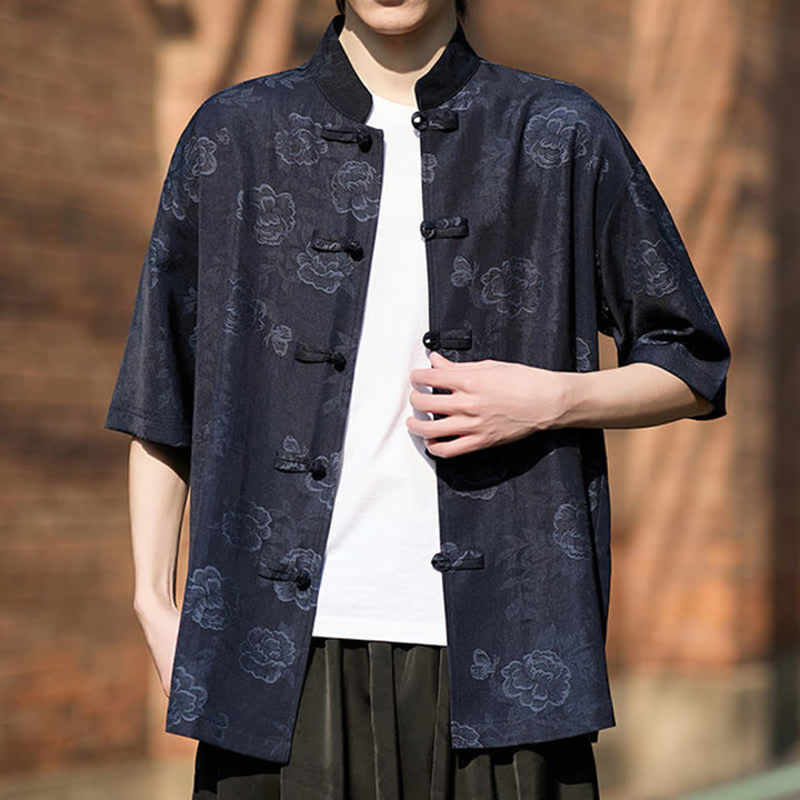 Buddha Stones Chemise homme à manches courtes, col mandarin, boutons grenouille rétro, jacquard floral - image 17