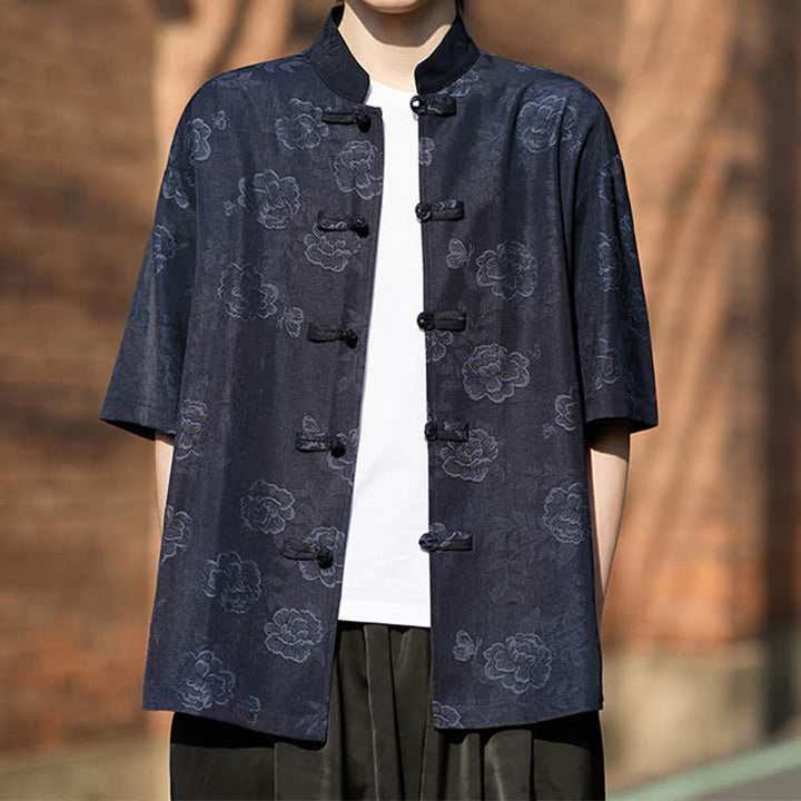 Buddha Stones Chemise homme à manches courtes, col mandarin, boutons grenouille rétro, jacquard floral - image 16