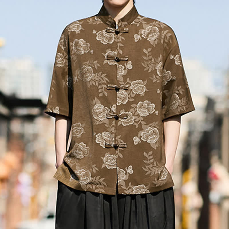 Buddha Stones Chemise homme à manches courtes, col mandarin, boutons grenouille rétro, jacquard floral - image 5