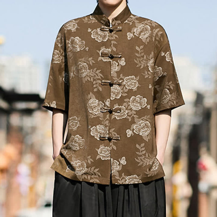 Buddha Stones Chemise homme à manches courtes, col mandarin, boutons grenouille rétro, jacquard floral - image 5