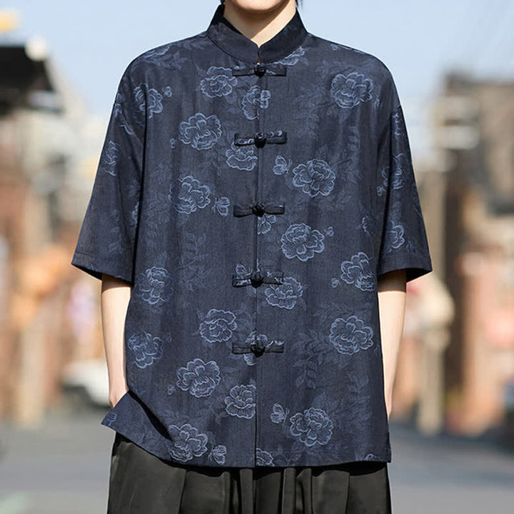 Buddha Stones Chemise homme à manches courtes, col mandarin, boutons grenouille rétro, jacquard floral - image 13
