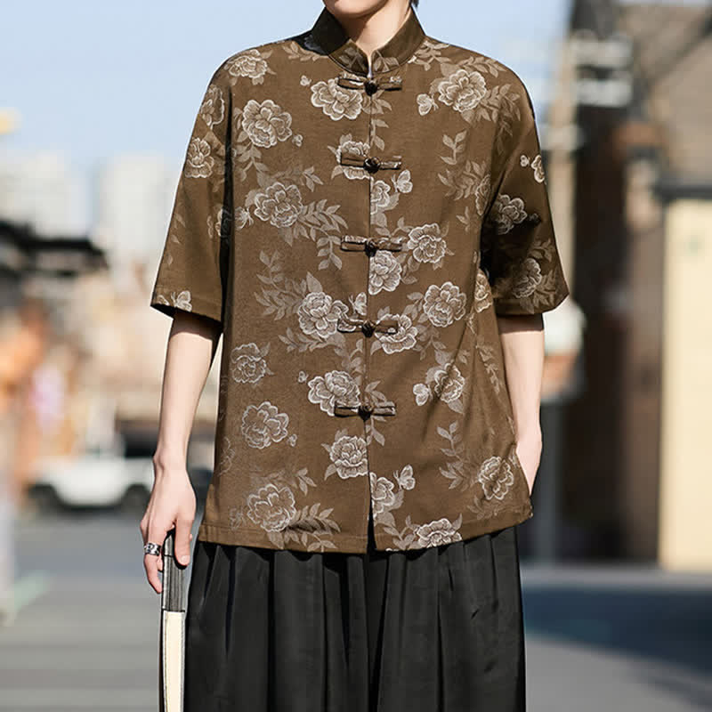 Buddha Stones Chemise homme à manches courtes, col mandarin, boutons grenouille rétro, jacquard floral - image 3