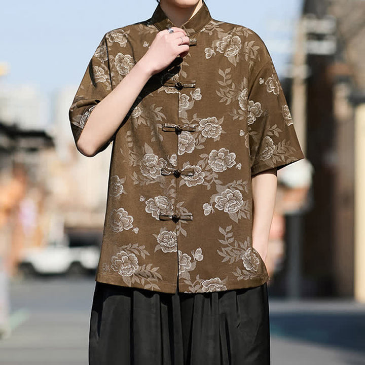 Buddha Stones Chemise homme à manches courtes, col mandarin, boutons grenouille rétro, jacquard floral - image 2