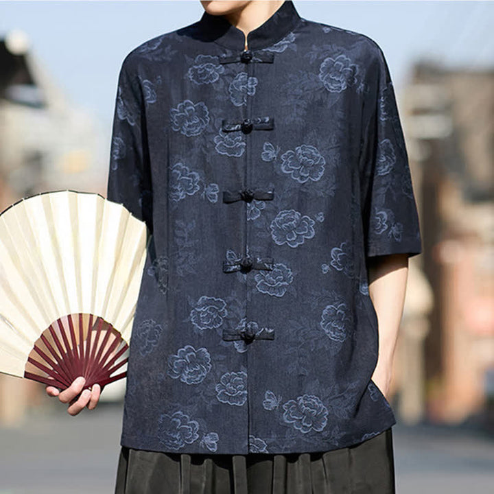 Buddha Stones Chemise homme à manches courtes, col mandarin, boutons grenouille rétro, jacquard floral - image 15