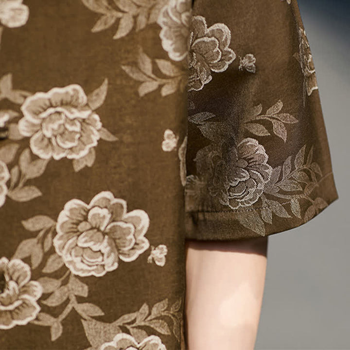 Buddha Stones Chemise homme à manches courtes, col mandarin, boutons grenouille rétro, jacquard floral - image 9
