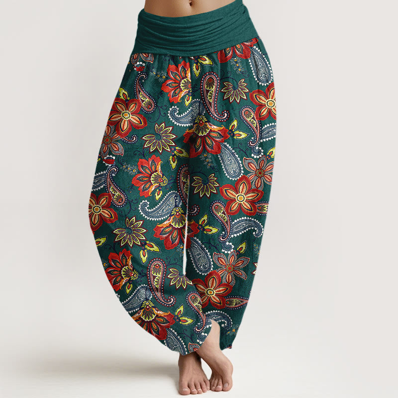 Buddha Stones Pantalon harem en pur coton à motif cachemire et floral, taille élastique, pour femme - Sarcelle - US16，UK/AU20，EU48 (3XL) - image 0