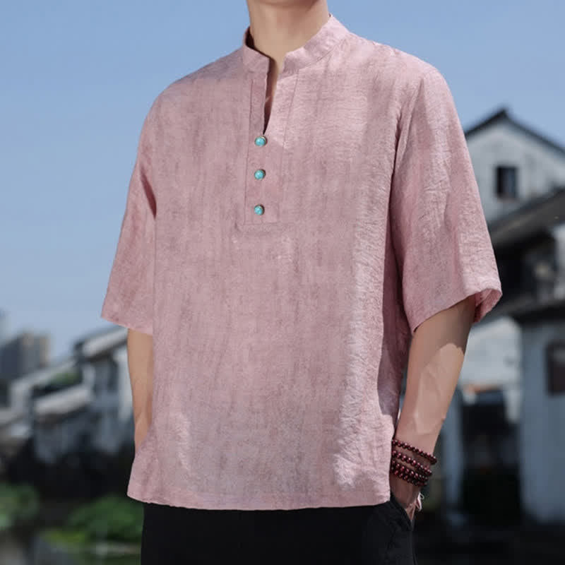 Buddha Stones T-shirt à manches courtes pour homme Summer Dai Ethnic, col cranté et boutons - image 13