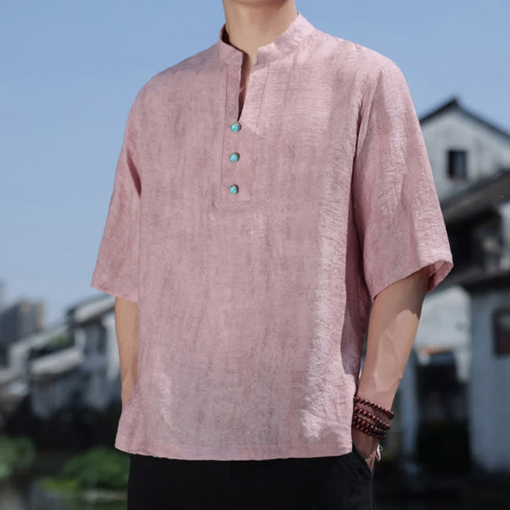 Buddha Stones T-shirt à manches courtes pour homme Summer Dai Ethnic, col cranté et boutons - image 13