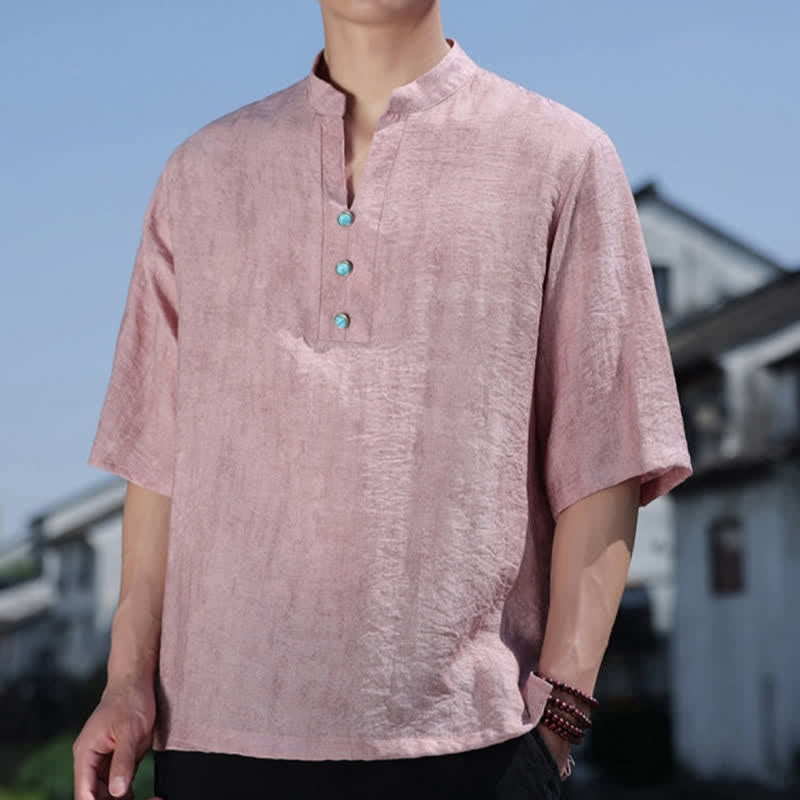 Buddha Stones T-shirt à manches courtes pour homme Summer Dai Ethnic, col cranté et boutons - image 11