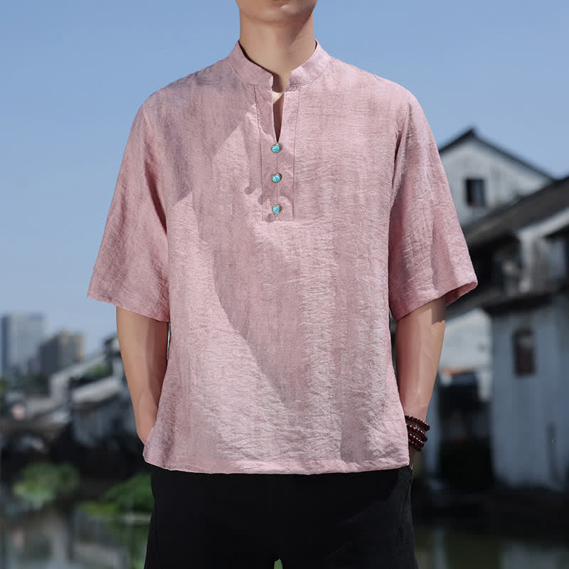 Buddha Stones T-shirt à manches courtes pour homme Summer Dai Ethnic, col cranté et boutons - Rose clair - US/UK/AU46，EU56 (5XL) - image 10