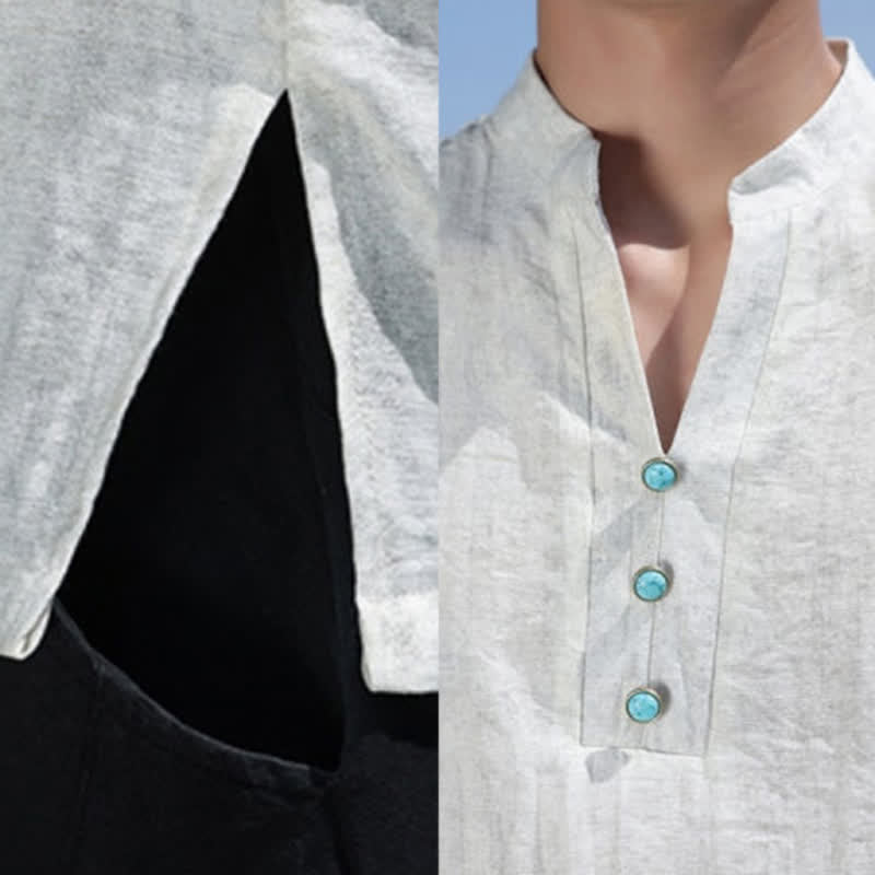 Buddha Stones T-shirt à manches courtes pour homme Summer Dai Ethnic, col cranté et boutons - image 6