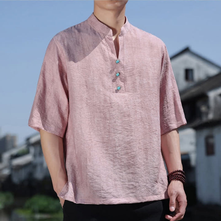 Buddha Stones T-shirt à manches courtes pour homme Summer Dai Ethnic, col cranté et boutons - image 12