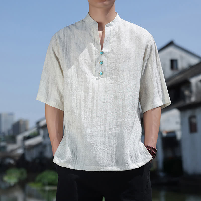 Buddha Stones T-shirt à manches courtes pour homme Summer Dai Ethnic, col cranté et boutons - FloralWhite - US/UK/AU46，EU56 (5XL) - image 4