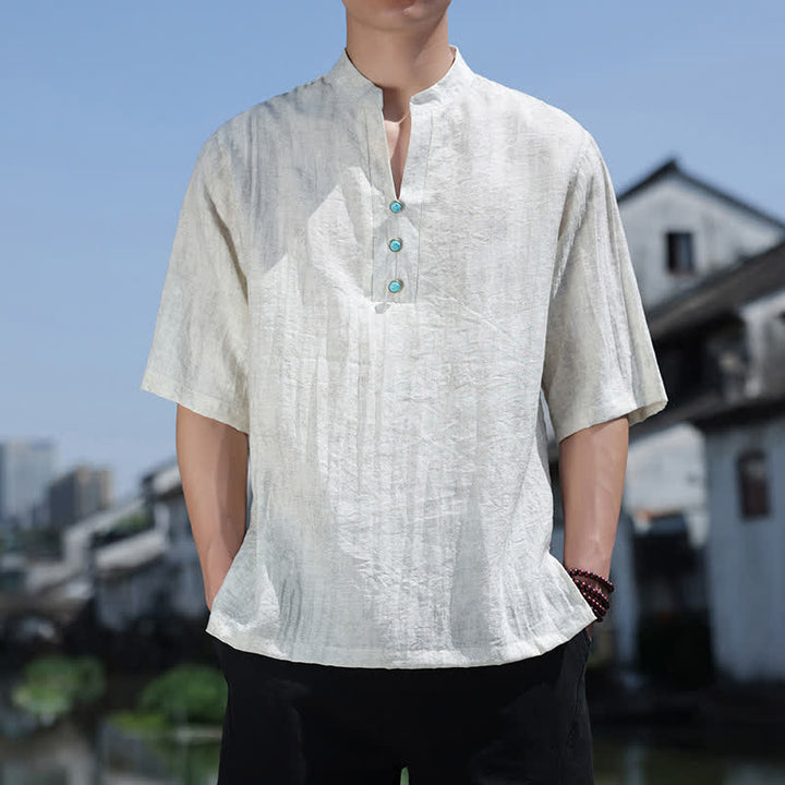 Buddha Stones T-shirt à manches courtes pour homme Summer Dai Ethnic, col cranté et boutons - FloralWhite - US/UK/AU46，EU56 (5XL) - image 4
