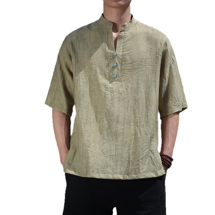 Buddha Stones T-shirt à manches courtes pour homme Summer Dai Ethnic, col cranté et boutons - image 3