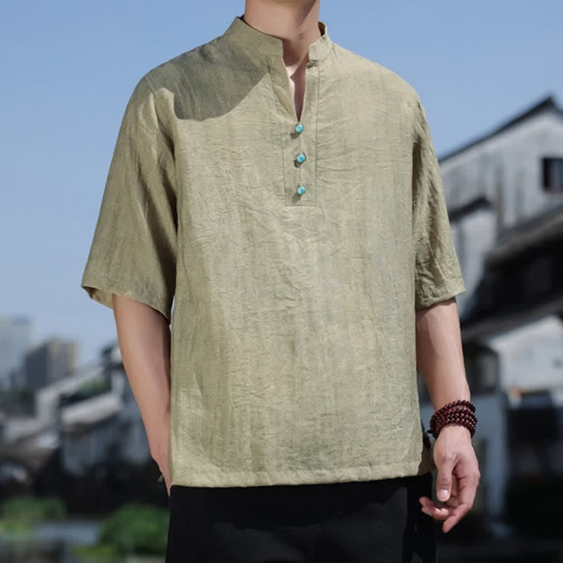 Buddha Stones T-shirt à manches courtes pour homme Summer Dai Ethnic, col cranté et boutons - image 2