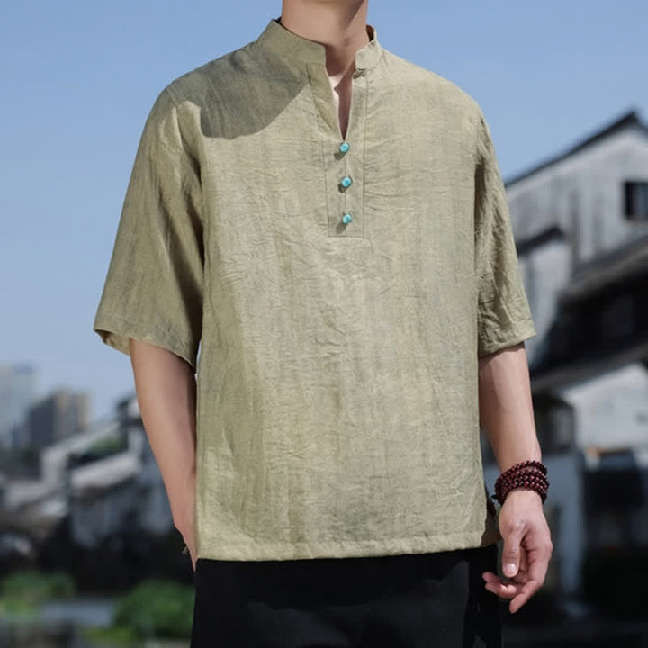Buddha Stones T-shirt à manches courtes pour homme Summer Dai Ethnic, col cranté et boutons - image 2