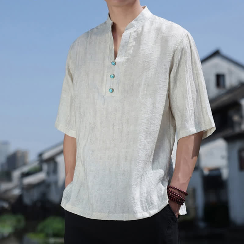 Buddha Stones T-shirt à manches courtes pour homme Summer Dai Ethnic, col cranté et boutons - image 5