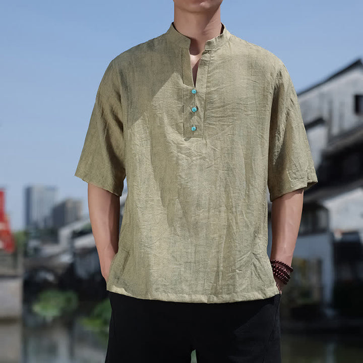 Buddha Stones T-shirt à manches courtes pour homme Summer Dai Ethnic, col cranté et boutons - Vert olive - US/UK/AU46，EU56 (5XL) - image 0