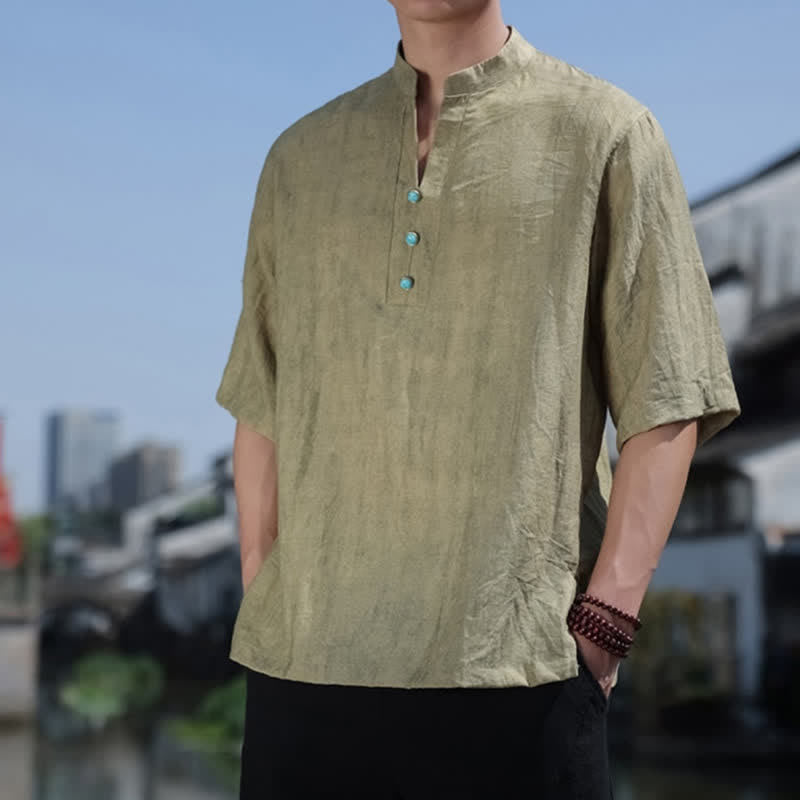 Buddha Stones T-shirt à manches courtes pour homme Summer Dai Ethnic, col cranté et boutons - image 1